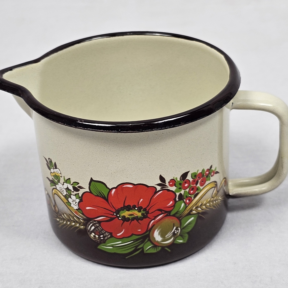 Vintage Enamel Spouted Jug Pitcher Mug w/Handle 3.75"H 6.5"L | Floral Cornucopia